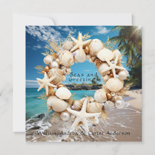 Tarjeta Festiva Navidades de Seashells Starfish Pearls Palm Trees