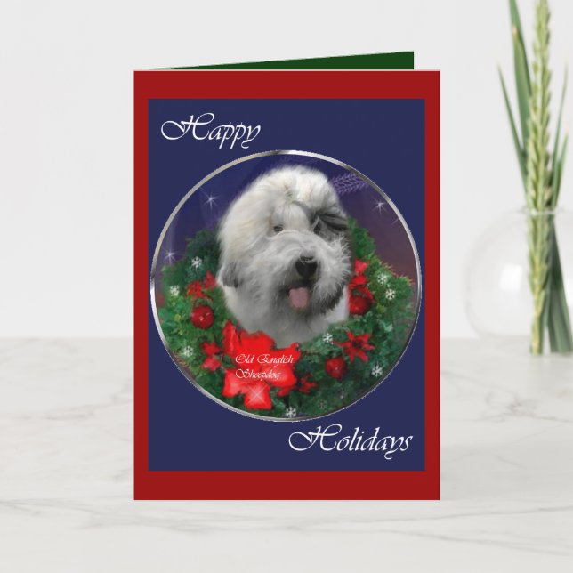 Tarjeta Festiva Navidades de Sheepdog ingleses viejos regalos (Anverso)