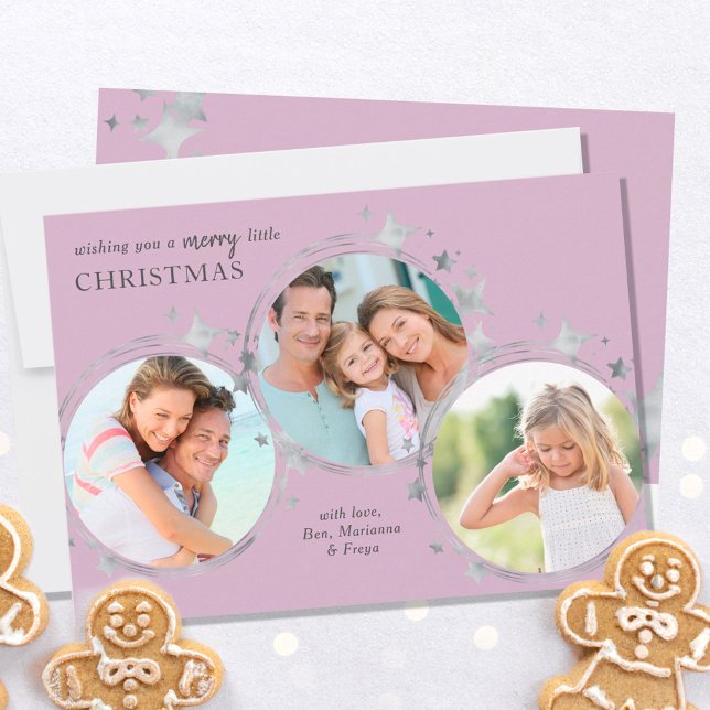 Tarjeta Festiva Navidades de Silver Stars Foto Trio Pastel Rosa (Subido por el creador)