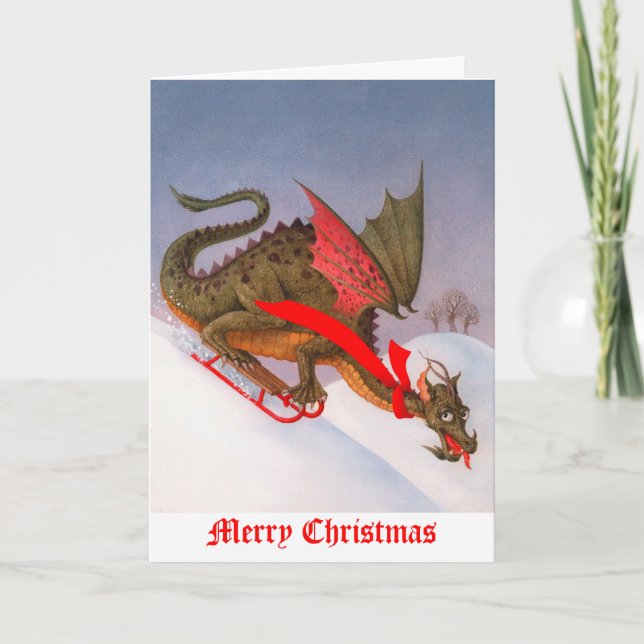 Tarjeta Festiva Navidades de Sledding Dragon (Anverso)
