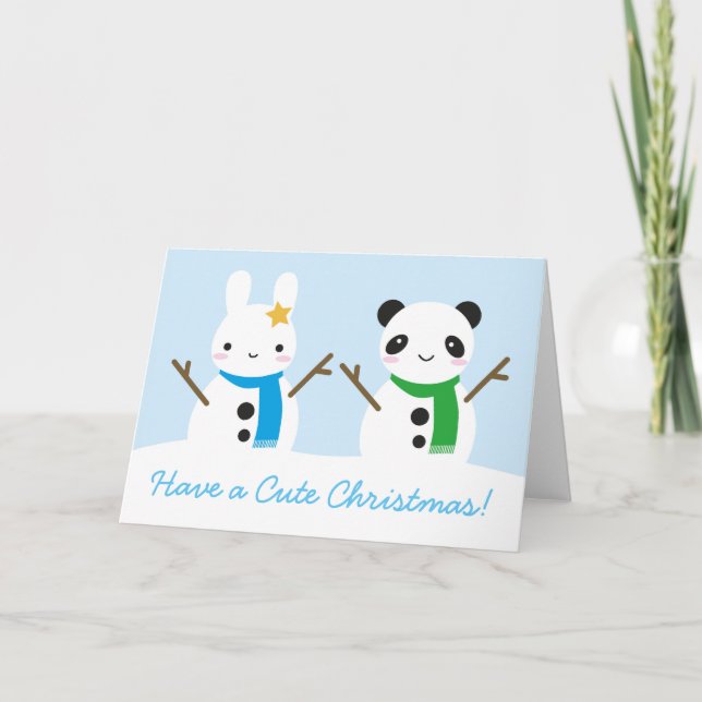 Tarjeta Festiva Navidades de Snow Bunny & Snow Panda Cute (Anverso)