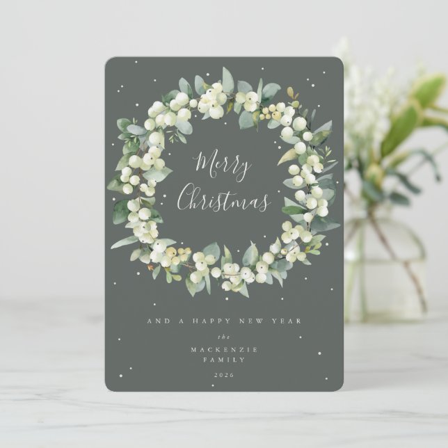 Tarjeta Festiva Navidades de Snowberry + Eucalyptus escribieron si (Anverso de pie)