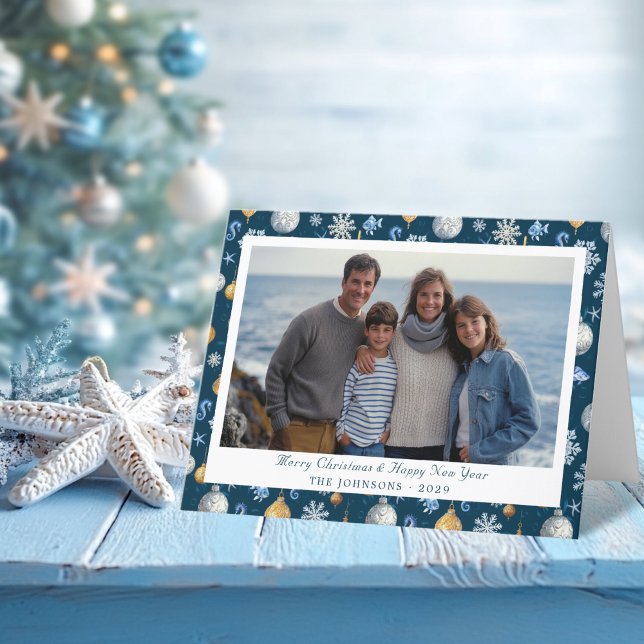 Tarjeta Festiva Navidades de Snowflakes y Elementos Náuticos (Snowflakes and Nautical Elements Christmas Photo Holiday Card)