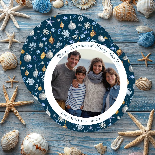 Tarjeta Festiva Navidades de Snowflakes y Elementos Náuticos (Snowflakes & Nautical Elements Christmas Photo Round Holiday Card)