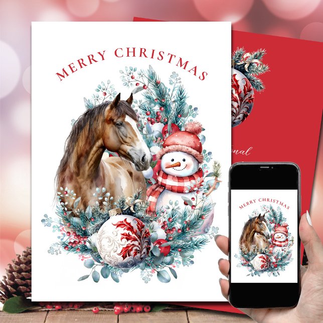 Tarjeta Festiva Navidades de snowman acuarela elegante (Horse snowman Christmas card)