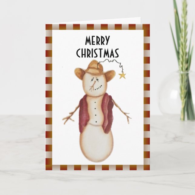 Tarjeta Festiva Navidades de Snowman, chico de arte popular (Anverso)