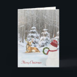 Tarjeta Festiva Navidades de snowman con ciervo y corona<br><div class="desc">muñeco de nieve entregando ciervo en bosques de invierno una corona de pino Navidad</div>