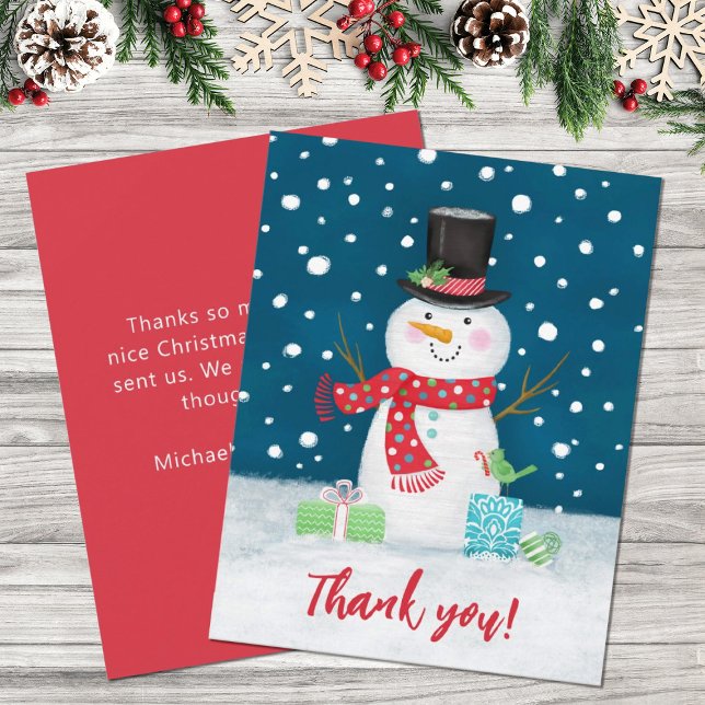 Tarjeta Festiva Navidades de Snowman en invierno gracias (A cute, festive Christmas holiday snowman thank you card.)
