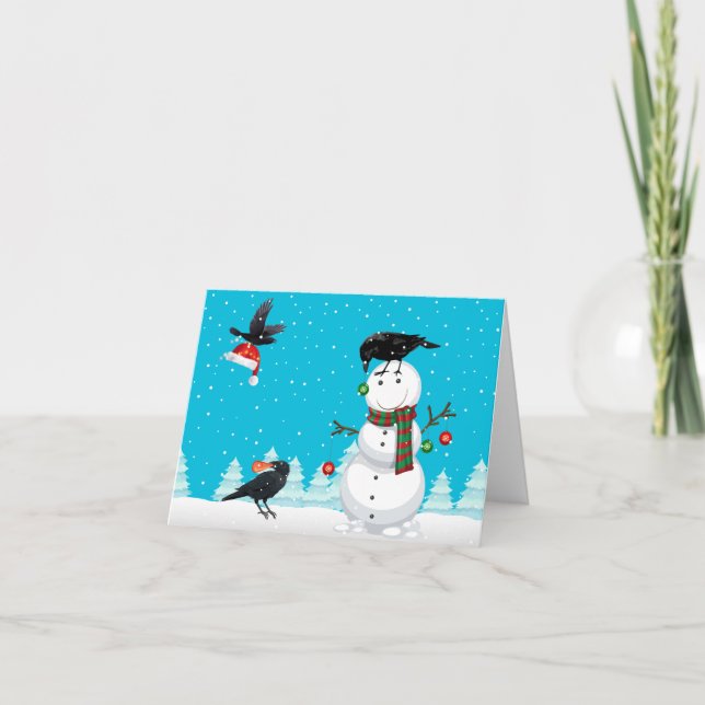 Tarjeta Festiva Navidades de Snowman Ravens decoran Blackbirds (Anverso)