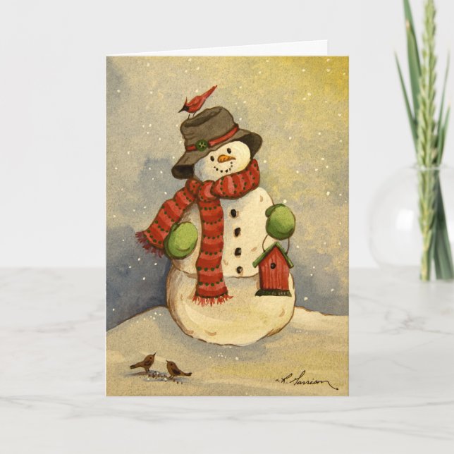 Tarjeta Festiva navidades de Snowman y Birdhouse 4905 (Anverso)