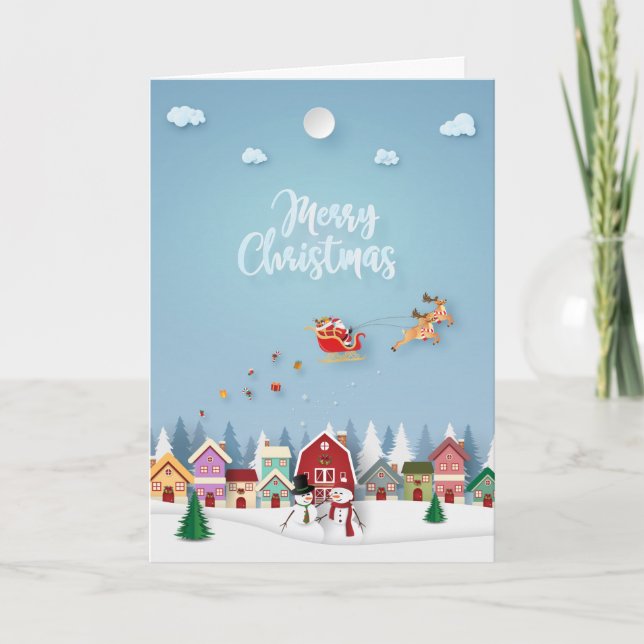 Tarjeta Festiva Navidades de snowmen en papeleo Santa Red Barn (Anverso)