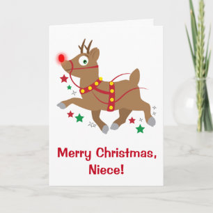 Tarjeta Festiva Navidades de sobrina con reno de nariz roja
