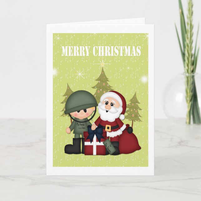 Tarjeta Festiva Navidades de Soldado Militar y Santa Claus (Anverso)