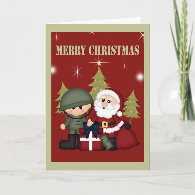 Tarjeta Festiva Navidades de Soldado Militar y Santa Claus (Anverso)
