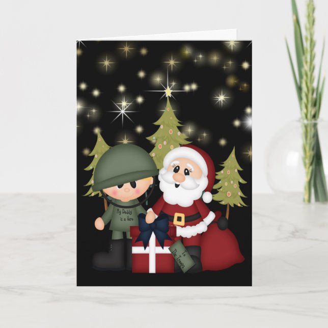 Tarjeta Festiva Navidades de Soldado Militar y Santa Claus (Anverso)
