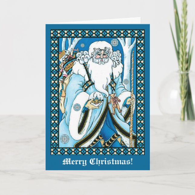 Tarjeta Festiva Navidades de St Nicholas en Blue Victorian (Anverso)