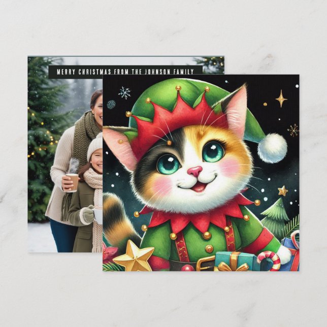 Tarjeta Festiva Navidades de Star Happy Cute calico cat Elf (Anverso / Reverso)