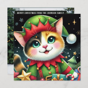 Tarjeta Festiva Navidades de Star Happy Cute calico cat Elf