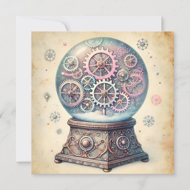 Tarjeta Festiva Navidades de Steampunk Pastel Saludos al Globe de  (Anverso)