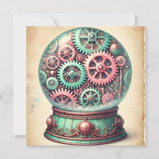 Tarjeta Festiva Navidades de Steampunk Pastel Saludos al Globe de  (Anverso)