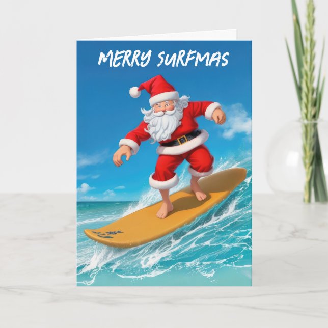 Tarjeta Festiva Navidades de Surfing Santa Claus (Anverso)