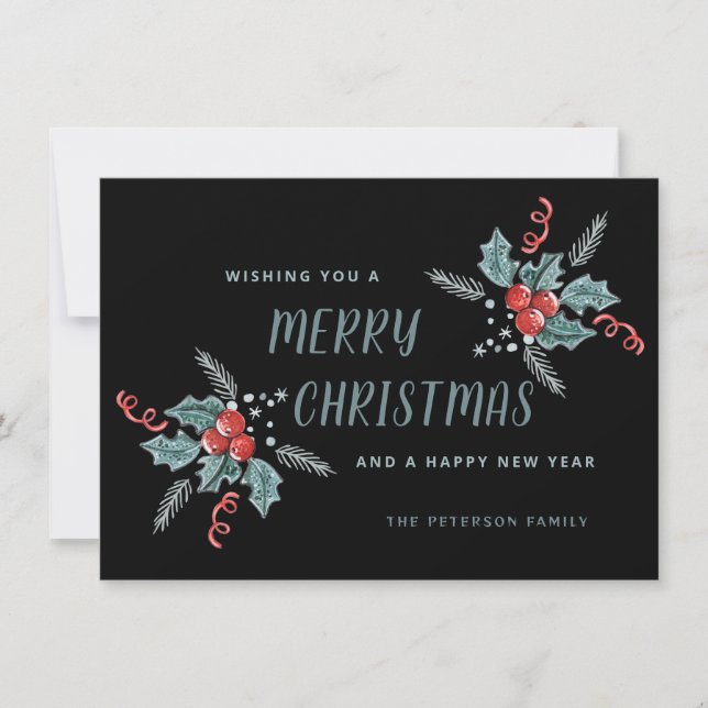 Tarjeta Festiva Navidades de Sweet Holly Berry sin foto negra (Anverso)