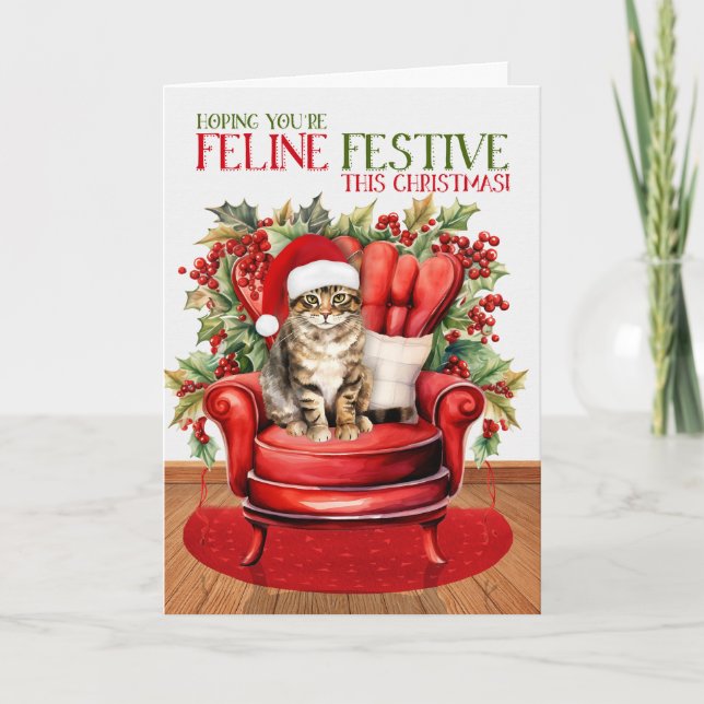 Tarjeta Festiva Navidades de Tabby marrón Gato FELINE (Anverso)