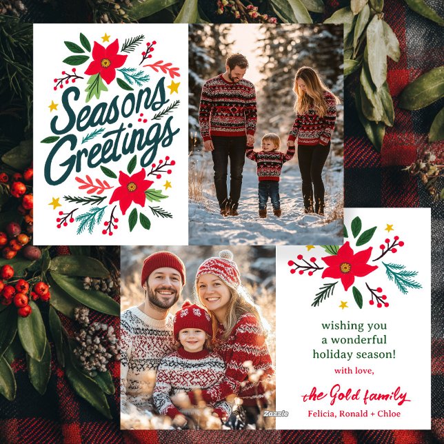 TARJETA FESTIVA NAVIDADES DE TEMPORADA PERSONALIZADO 2 FOTO (SEASONS GREETINGS Christmas CUSTOM Two PHOTO hand Drawn Poinsettia Holiday Card
)