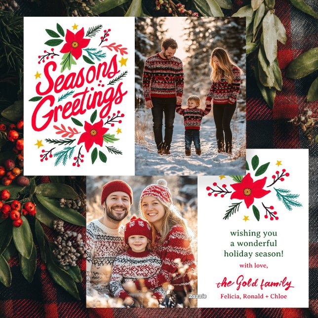 TARJETA FESTIVA NAVIDADES DE TEMPORADA PERSONALIZADO 2 FOTO (SEASONS GREETINGS Christmas CUSTOM Two PHOTO Botanical Hand-Drawn Holiday Card
)