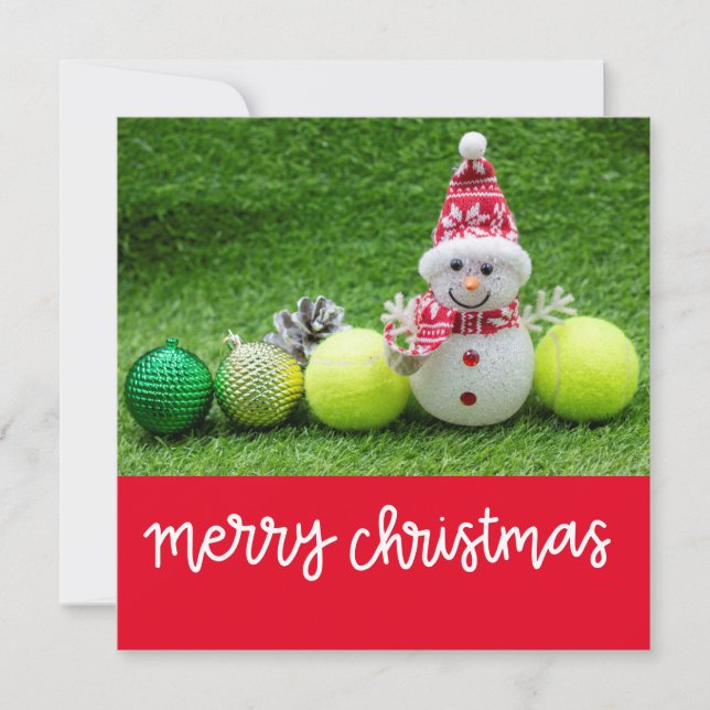 Tarjeta Festiva Navidades de tenis con bola de tenis y Snowman (Anverso)