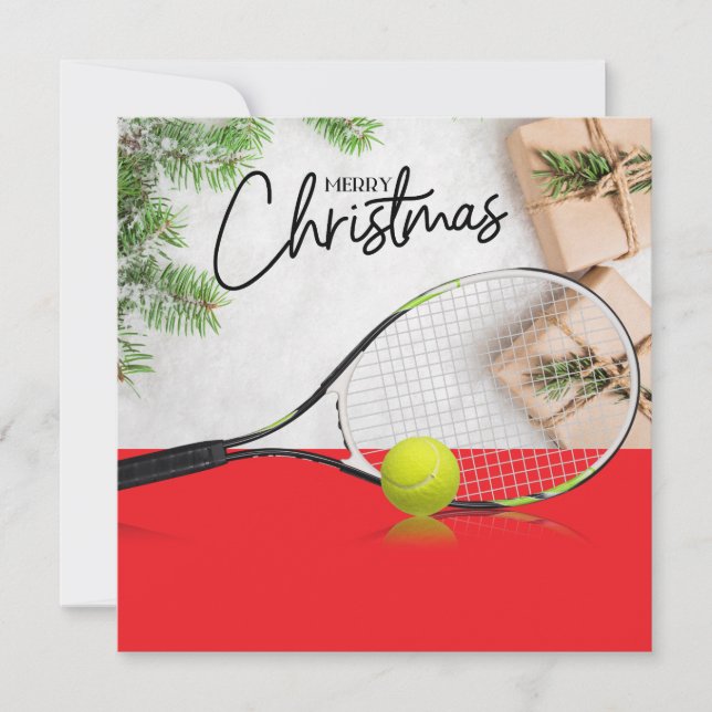 Tarjeta Festiva Navidades de tenis con pelota de tenis y raqueta (Anverso)