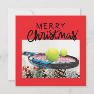 Tarjeta Festiva Navidades de tenis con pelota de tenis y raqueta