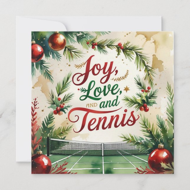 Tarjeta Festiva Navidades de tenis con pelota de tenis y raqueta (Anverso)
