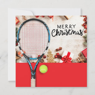 Tarjeta Festiva Navidades de tenis con pelota de tenis y raqueta