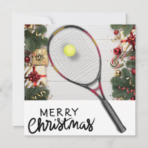 Tarjeta Festiva Navidades de tenis con pelota de tenis y raqueta
