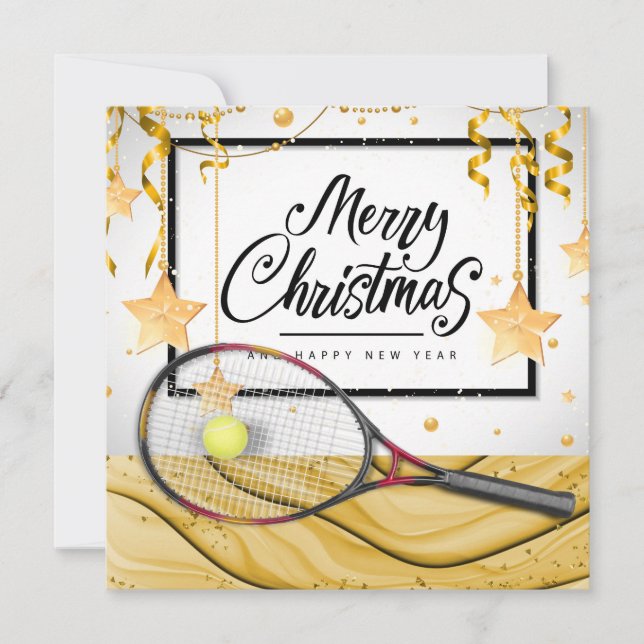 Tarjeta Festiva Navidades de tenis con pelota de tenis y raqueta (Anverso)