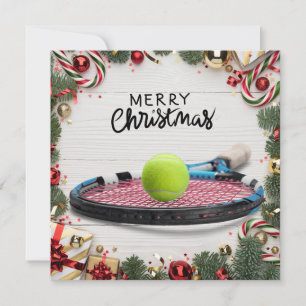 Tarjeta Festiva Navidades de tenis con pelota de tenis y raqueta