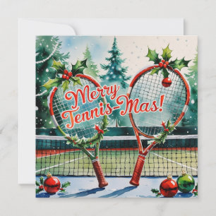 Tarjeta Festiva Navidades de tenis con pelota de tenis y raqueta