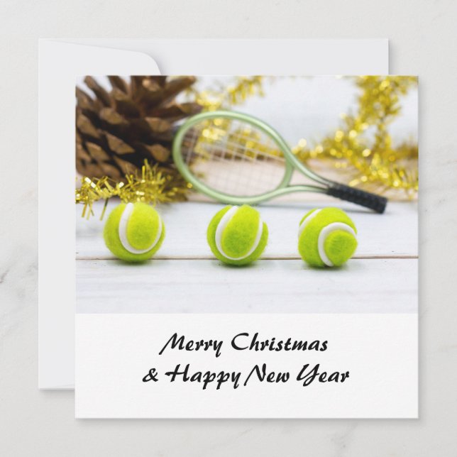 Tarjeta Festiva Navidades de tenis con pelota de tenis y raqueta (Anverso)