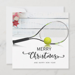 Tarjeta Festiva Navidades de tenis con pelota de tenis y raqueta