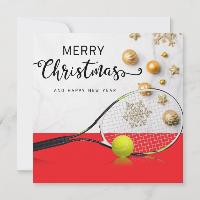 Tarjeta Festiva Navidades de tenis con pelota de tenis y raqueta (Anverso)