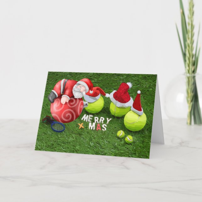 Tarjeta Festiva Navidades de tenis con pelota de tenis y Santa Cla (Anverso)