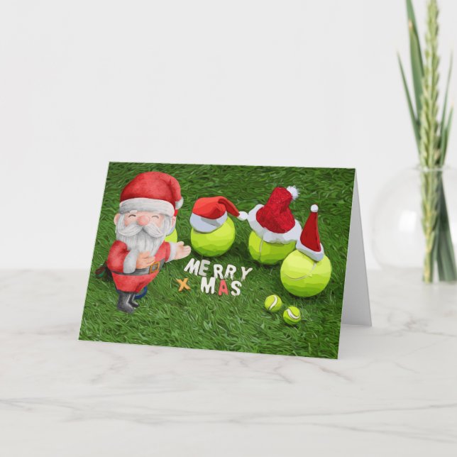 Tarjeta Festiva Navidades de tenis con pelota de tenis y Santa Cla (Anverso)