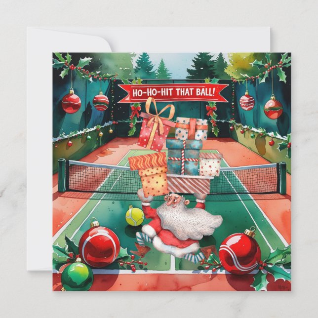 Tarjeta Festiva Navidades de tenis con pelota de tenis y Santa Cla (Anverso)