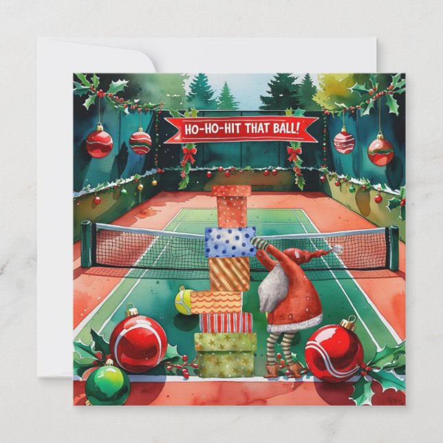 Tarjeta Festiva Navidades de tenis con pelota de tenis y Santa Cla (Anverso)