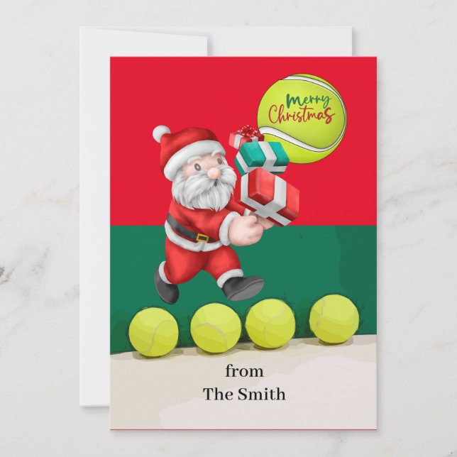 Tarjeta Festiva Navidades de tenis con pelota de tenis y Santa Cla (Anverso)
