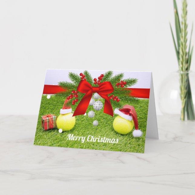 Tarjeta Festiva Navidades de tenis con pelota de tenis y sombrero  (Anverso)