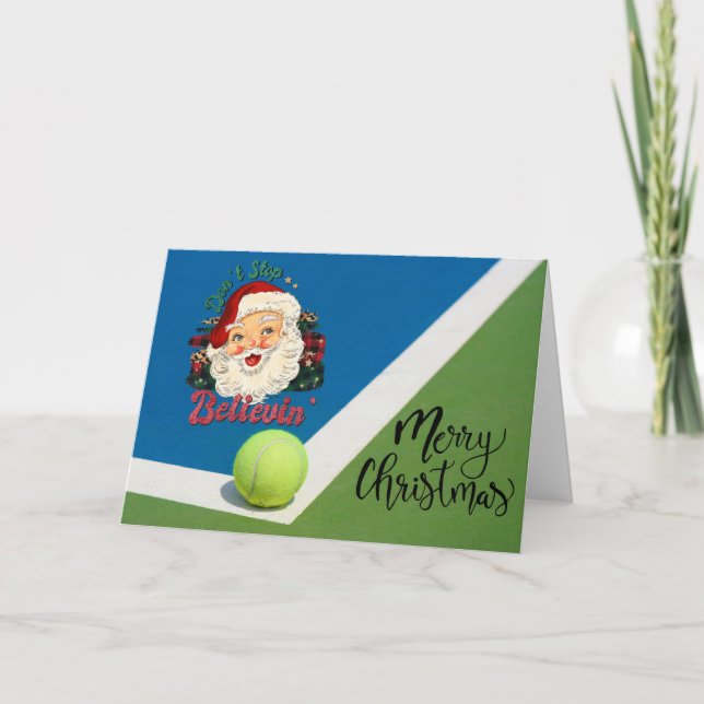 Tarjeta Festiva Navidades de tenis con pelota de tenis y sombrero  (Anverso)