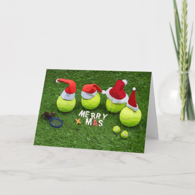 Tarjeta Festiva Navidades de tenis con pelota de tenis y sombrero  (Anverso)