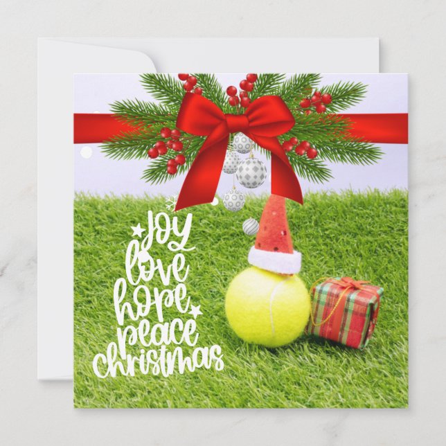 Tarjeta Festiva Navidades de tenis con pelota de tenis y sombrero  (Anverso)